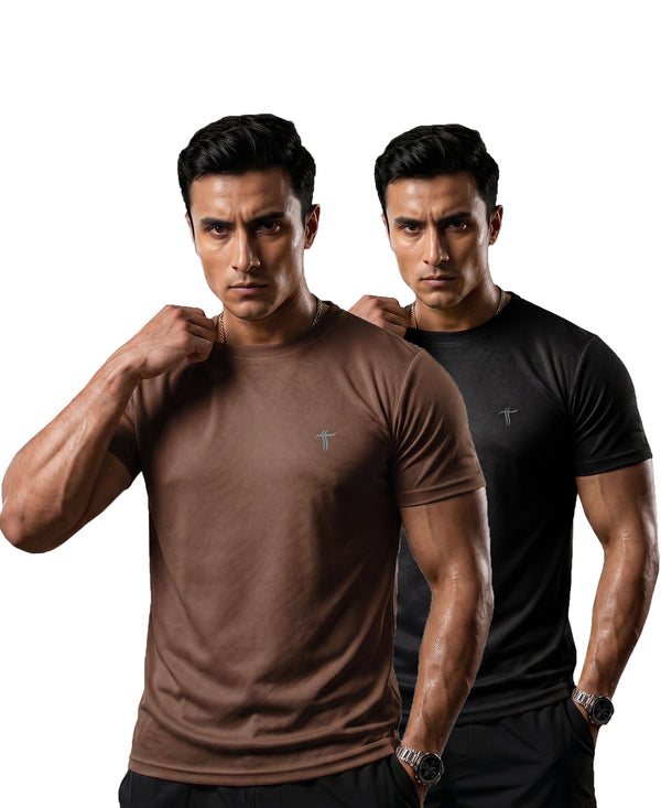T.T. Men Dri-Fit Polyester Dot- Knit Fabric| Round Neck | Half Sleeve | Sweat-Wicking Gym & Active Wear Tees Pack Of 2 Brown,Black