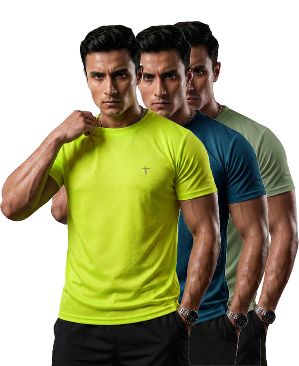 T.T. Men Dri-Fit Polyester Dot- Knit Fabric| Round Neck | Half Sleeve | Sweat-Wicking Gym & Active Wear Tees Pack Of 3 Neon Green,Teal,Light Green