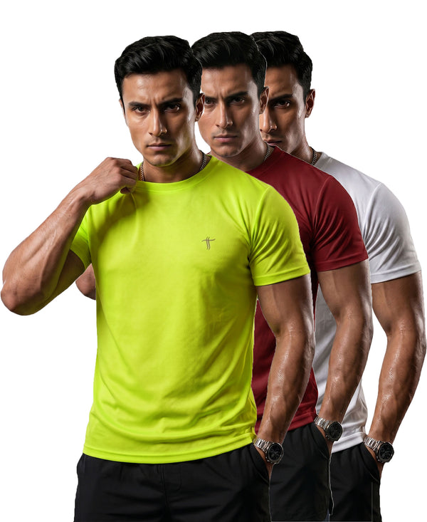 T.T. Men Dri-Fit Polyester Dot- Knit Fabric| Round Neck | Half Sleeve | Sweat-Wicking Gym & Active Wear Tees Pack Of 3 Neon Green.Maroon,White