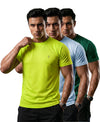 T.T. Men Dri-Fit Polyester Dot- Knit Fabric| Round Neck | Half Sleeve | Sweat-Wicking Gym & Active Wear Tees Pack Of 3 Neon Green,Light Blue,Green
