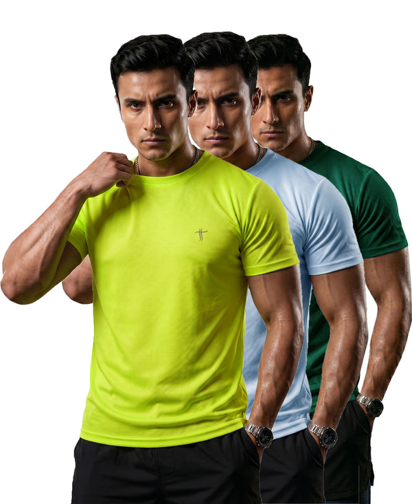 T.T. Men Dri-Fit Polyester Dot- Knit Fabric| Round Neck | Half Sleeve | Sweat-Wicking Gym & Active Wear Tees Pack Of 3 Neon Green,Light Blue,Green
