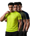 T.T. Men Dri-Fit Polyester Dot- Knit Fabric| Round Neck | Half Sleeve | Sweat-Wicking Gym & Active Wear Tees Pack Of 3 Neon Green,Dark Green,Navy