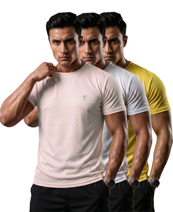 T.T. Men Dri-Fit Polyester Dot- Knit Fabric| Round Neck | Half Sleeve | Sweat-Wicking Gym & Active Wear Tees Pack Of 3 Movie,White,Yellow
