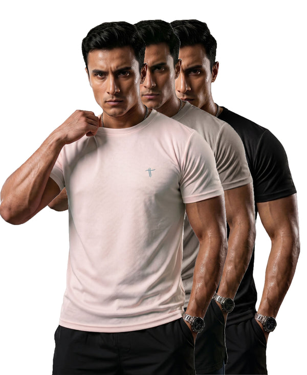 T.T. Men Dri-Fit Polyester Dot- Knit Fabric| Round Neck | Half Sleeve | Sweat-Wicking Gym & Active Wear Tees Pack Of 3 Movie,Light Grey,Black