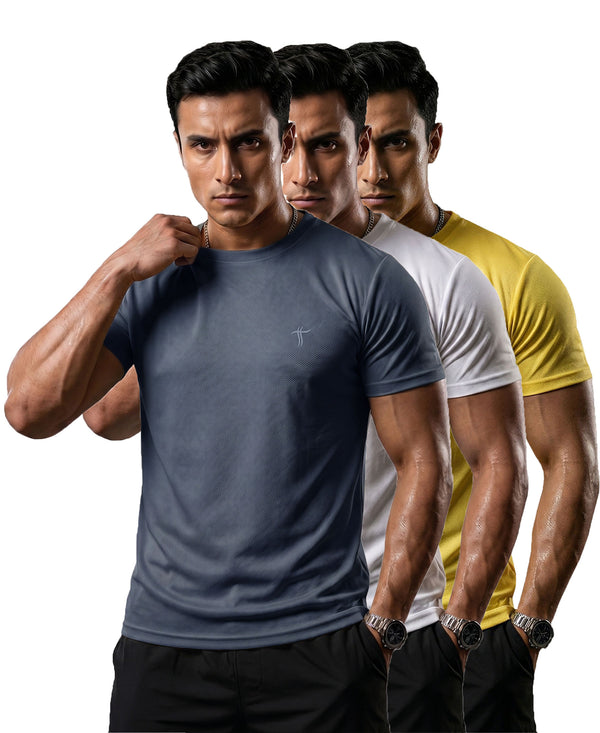 T.T. Men Dri-Fit Polyester Dot- Knit Fabric| Round Neck | Half Sleeve | Sweat-Wicking Gym & Active Wear Tees Pack Of 3 Dark Grey,White,Yellow