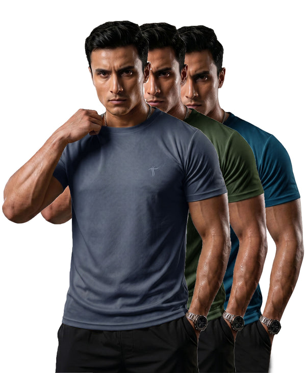 T.T. Men Dri-Fit Polyester Dot- Knit Fabric| Round Neck | Half Sleeve | Sweat-Wicking Gym & Active Wear Tees Pack Of 3 Dark Grey,Olive,Teal
