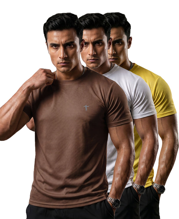 T.T. Men Dri-Fit Polyester Dot- Knit Fabric| Round Neck | Half Sleeve | Sweat-Wicking Gym & Active Wear Tees Pack Of 3 Brown,White,Yellow
