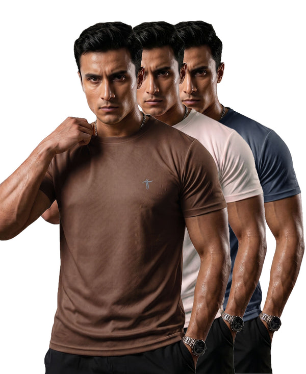 T.T. Men Dri-Fit Polyester Dot- Knit Fabric| Round Neck | Half Sleeve | Sweat-Wicking Gym & Active Wear Tees Pack Of 3 Brown,Movie,Steel Grey