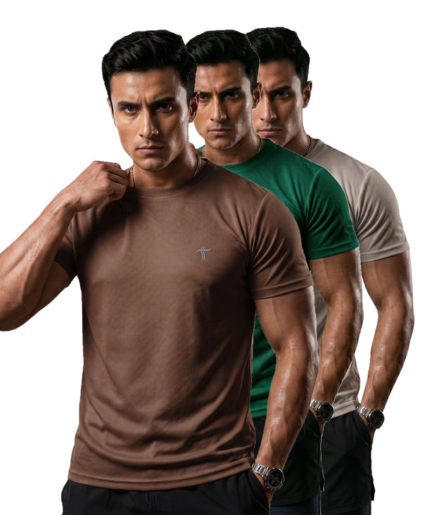 T.T. Men Dri-Fit Polyester Dot- Knit Fabric| Round Neck | Half Sleeve | Sweat-Wicking Gym & Active Wear Tees Pack Of 3 Brown,Green,Light Grey