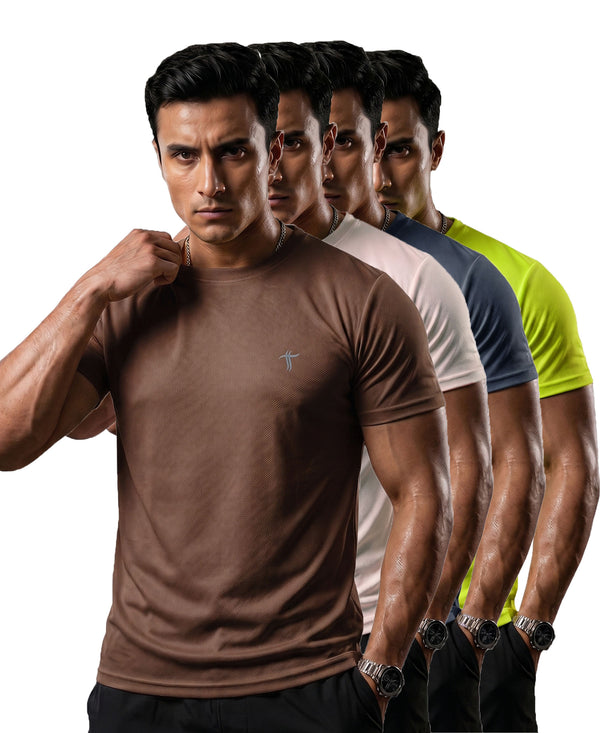 T.T. Men Dri-Fit Polyester Dot- Knit Fabric| Round Neck | Half Sleeve | Sweat-Wicking Gym & Active Wear Tees Pack Of 4 Brown,Movie,Dark Grey,Neon Green