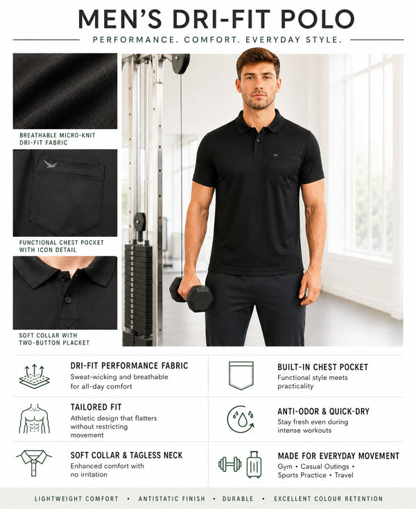 Hiflyers Men|Regular Fit|Dri-Fit|Pique Polo Half Sleeve T-Shirt For Men|Polo For Men|Black