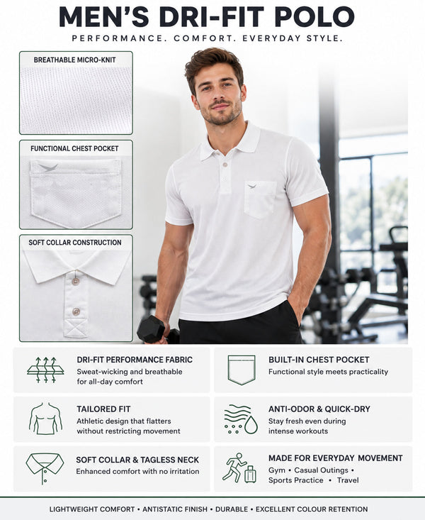 Hiflyers Men|Regular Fit|Dri-Fit|Pique Polo Half Sleeve T-Shirt For Men|Polo For Men|White