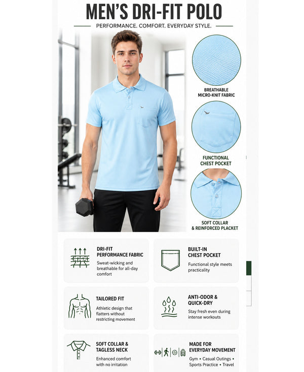 Hiflyers Men|Regular Fit|Dri-Fit|Pique Polo Half Sleeve T-Shirt For Men|Polo For Men|Sky Blue