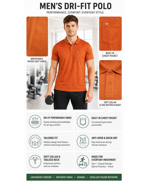 Hiflyers Men|Regular Fit|Dri-Fit|Pique Polo Half Sleeve T-Shirt For Men|Polo For Men|Orange