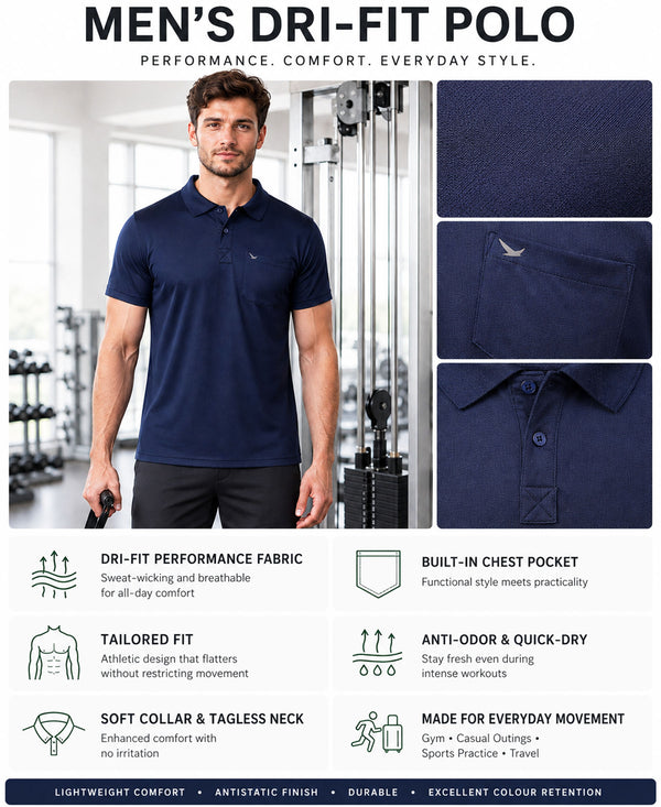 Hiflyers Men|Regular Fit|Dri-Fit|Pique Polo Half Sleeve T-Shirt For Men|Polo For Men|Navy