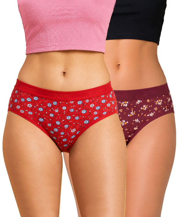 T.T. Women|Cotton|Mid-Rise|Full Coverage Desire Printed Briefs For Daily Wear|Soft Breathable Comfortable Panty|Pack Of 2|Red,Maroon