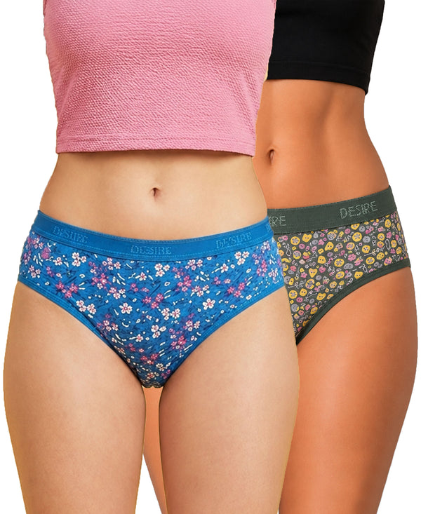T.T. Women|Cotton|Mid-Rise|Full Coverage Desire Printed Briefs For Daily Wear|Soft Breathable Comfortable Panty|Pack Of 2|Blue,Green