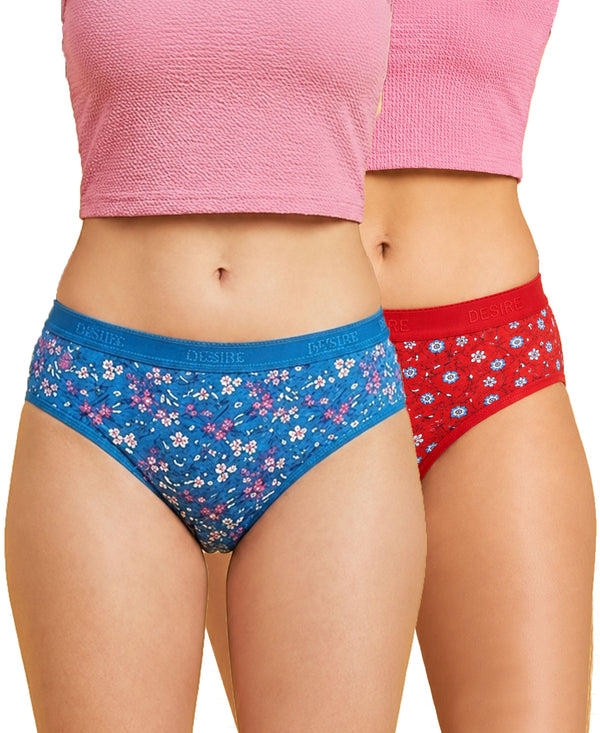 T.T. Women|Cotton|Mid-Rise|Full Coverage Desire Printed Briefs For Daily Wear|Soft Breathable Comfortable Panty|Pack Of 2|Blue,Red