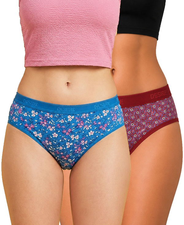 T.T. Women|Cotton|Mid-Rise|Full Coverage Desire Printed Briefs For Daily Wear|Soft Breathable Comfortable Panty|Pack Of 2|Blue,Red