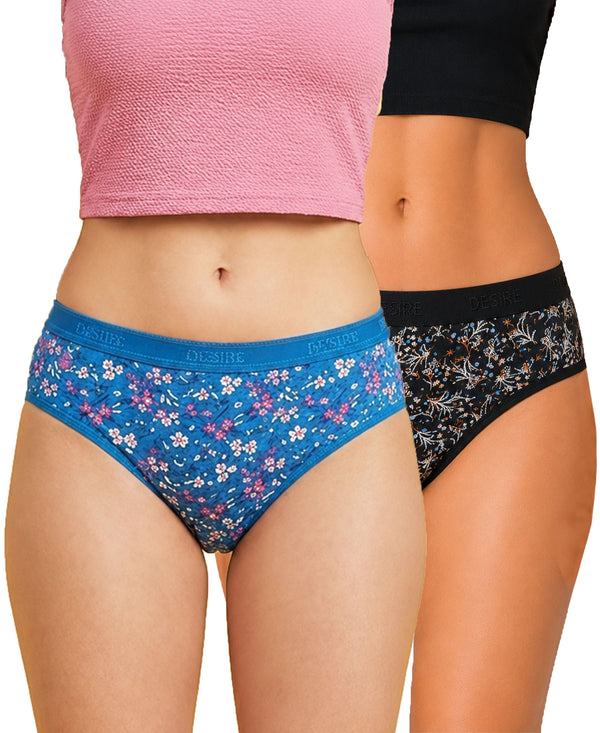 T.T. Women|Cotton|Mid-Rise|Full Coverage Desire Printed Briefs For Daily Wear|Soft Breathable Comfortable Panty|Pack Of 2|Blue,Black