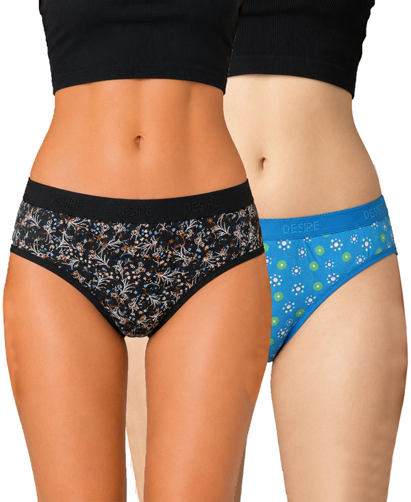 T.T. Women|Cotton|Mid-Rise|Full Coverage Desire Printed Briefs For Daily Wear|Soft Breathable Comfortable Panty|Pack Of 2|Black,Sky Blue