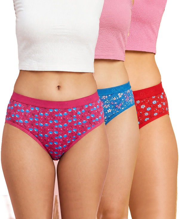 T.T. Women|Cotton|Mid-Rise|Full Coverage Desire Printed Briefs For Daily Wear|Soft Breathable Comfortable Panty|Pack Of 3|Pink,Blue,Red