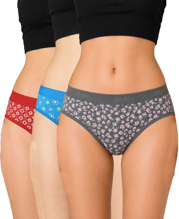 T.T. Women|Cotton|Mid-Rise|Full Coverage Desire Printed Briefs For Daily Wear|Soft Breathable Comfortable Panty|Pack Of 3|Red,Sky Blue,Grey