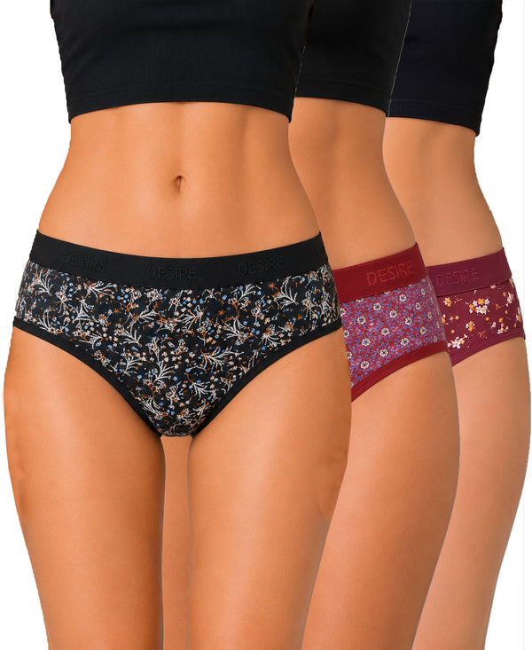 T.T. Women|Cotton|Mid-Rise|Full Coverage Desire Printed Briefs For Daily Wear|Soft Breathable Comfortable Panty|Pack Of 3|Black,Red,Maroon
