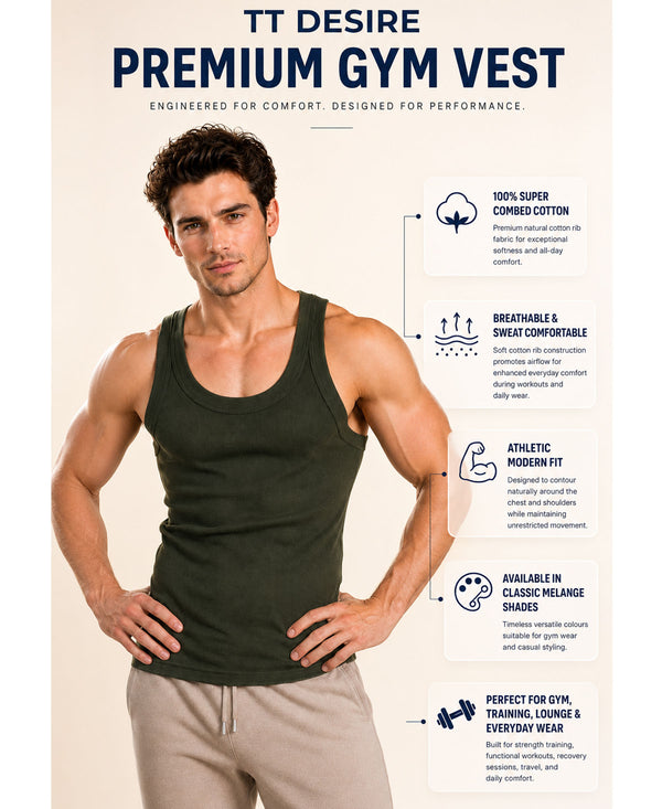 T.T. Men|Desire Premium Gym Vest|Pure Cotton|Rib Fabric|Moisture-Wicking, Breathable & Stretchable Sleeveless Undershirt| Ideal For Gym, Sports & Daily Wear|Pack Of 2|Navy,Green