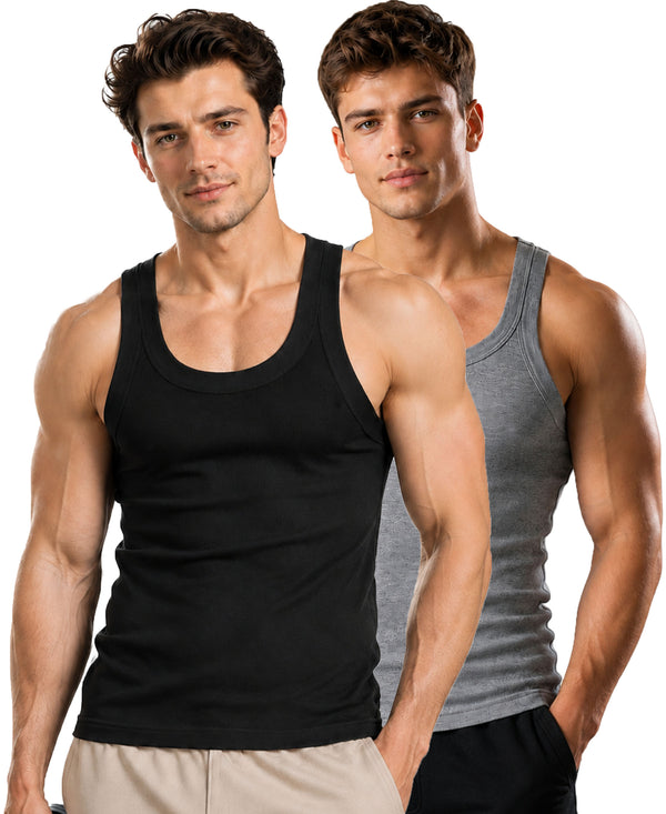 T.T. Men|Desire Premium Gym Vest|Pure Cotton|Rib Fabric|Moisture-Wicking, Breathable & Stretchable Sleeveless Undershirt| Ideal For Gym, Sports & Daily Wear|Pack Of 2|Black,Grey Melange