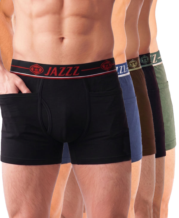 T.T. Jazzz Men’S Cotton Trunk With Outer Pocket|Comfortable Fit|Top Elastic Waistband|Pack Of 5|Black,Blue,Brown,Dark Brown,Green