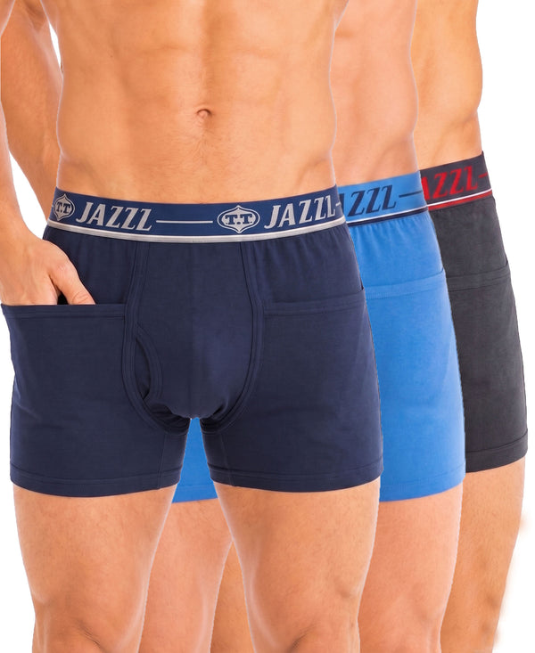 T.T. Jazzz Men’S Cotton Trunk With Outer Pocket|Comfortable Fit|Top Elastic Waistband|Pack Of 3|Blue,Sky Blue,Dark Grey