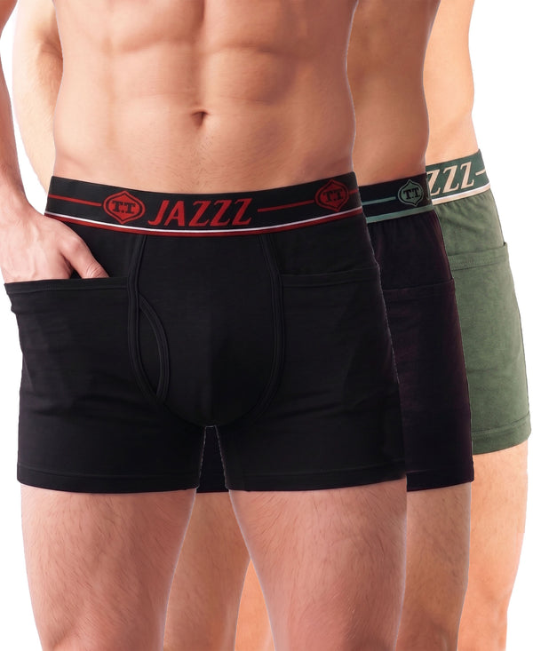 T.T. Jazzz Men’S Cotton Trunk With Outer Pocket|Comfortable Fit|Top Elastic Waistband|Pack Of 3|Black,Dark Brown,Green