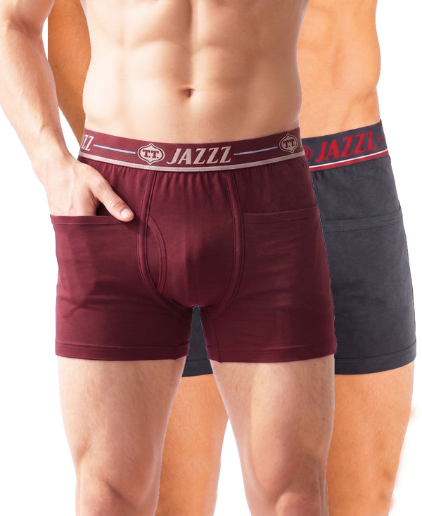 T.T. Jazzz Men’S Cotton Trunk With Outer Pocket|Comfortable Fit|Top Elastic Waistband|Pack Of 2|Maroon,Dark Grey