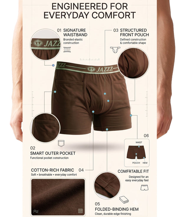 T.T. Jazzz Men’S Cotton Trunk With Outer Pocket|Comfortable Fit|Top Elastic Waistband|Pack Of 2|Black,Brown