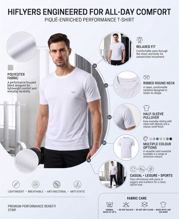 HiFlyers Men Regular Fit Polyster Pique Round Neck Half Sleev Tshirt White