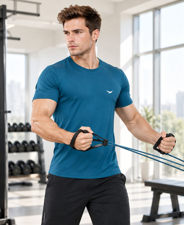 HiFlyers Men Regular Fit Polyster Pique Round Neck Half Sleev Tshirt Teal Blue
