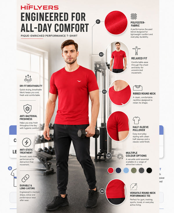 HiFlyers Men Regular Fit Polyster Pique Round Neck Half Sleev Tshirt Red