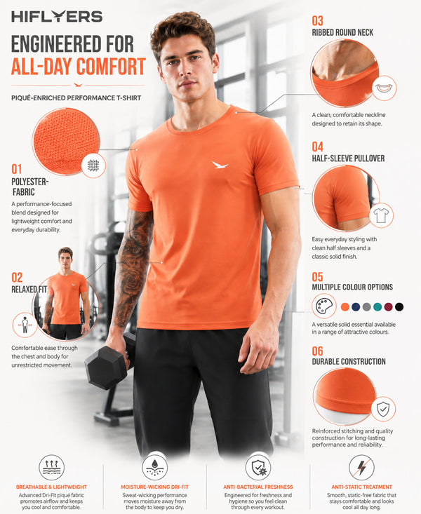 HiFlyers Men Regular Fit Polyster Pique Round Neck Half Sleev Tshirt Orange