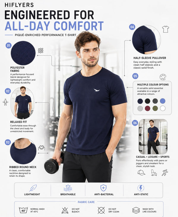 HiFlyers Men Regular Fit Polyster Pique Round Neck Half Sleev Tshirt Navy