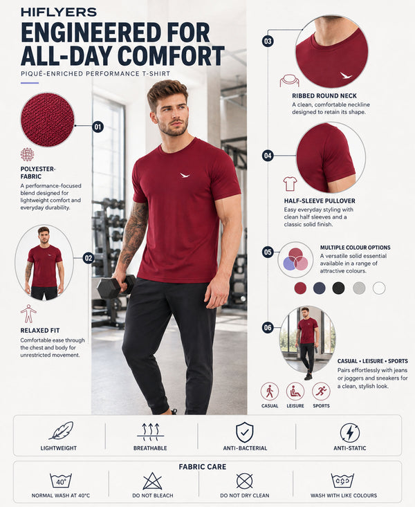 HiFlyers Men Regular Fit Polyster Pique Round Neck Half Sleev Tshirt Maroon