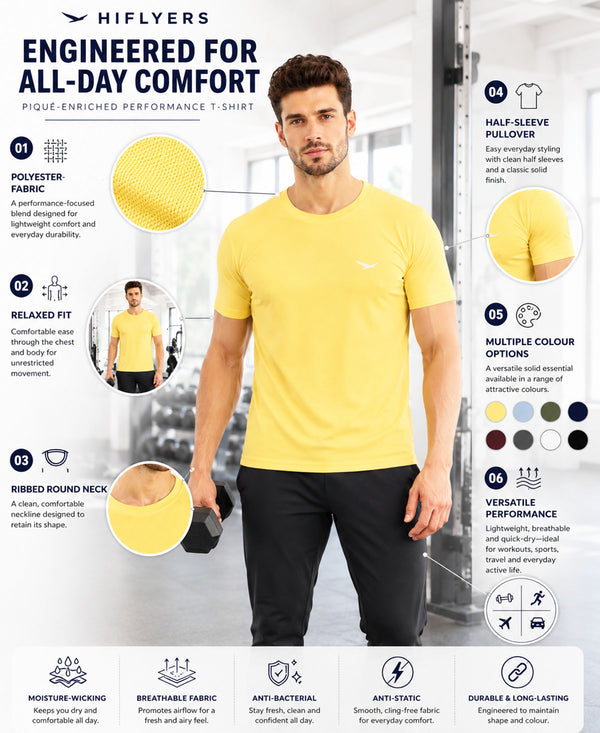 HiFlyers Men Regular Fit Polyster Pique Round Neck Half Sleev Tshirt Lemon