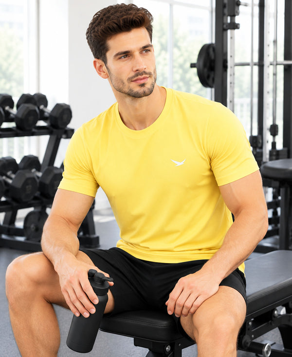 HiFlyers Men Regular Fit Polyster Pique Round Neck Half Sleev Tshirt Lemon