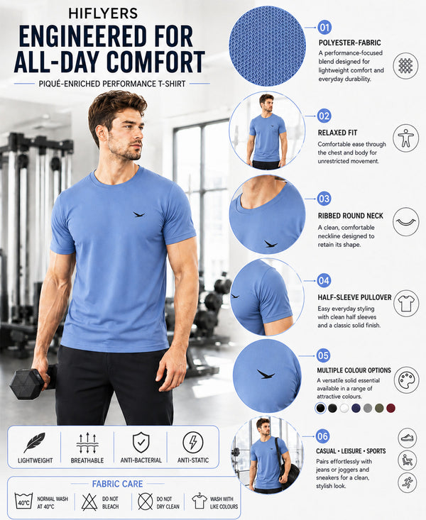 HiFlyers Men Regular Fit Polyster Pique Round Neck Half Sleev Tshirt Blue