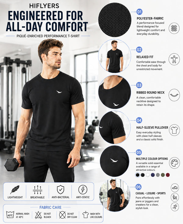 HiFlyers Men Regular Fit Polyster Pique Round Neck Half Sleev Tshirt Black