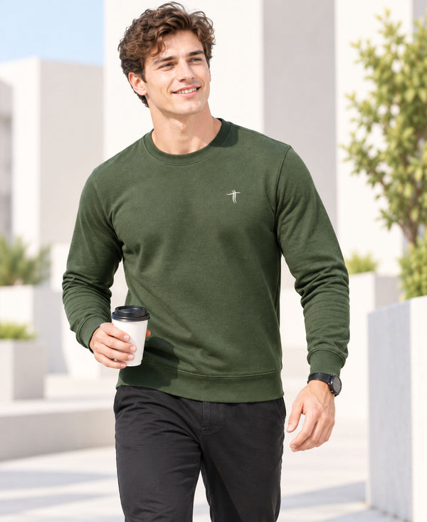 T.T. Men Classic Winter Essential T-Shirt|Polyester 180 Gsm|Regular Fit|Round Neck|Full Sleeve TeesOlive
