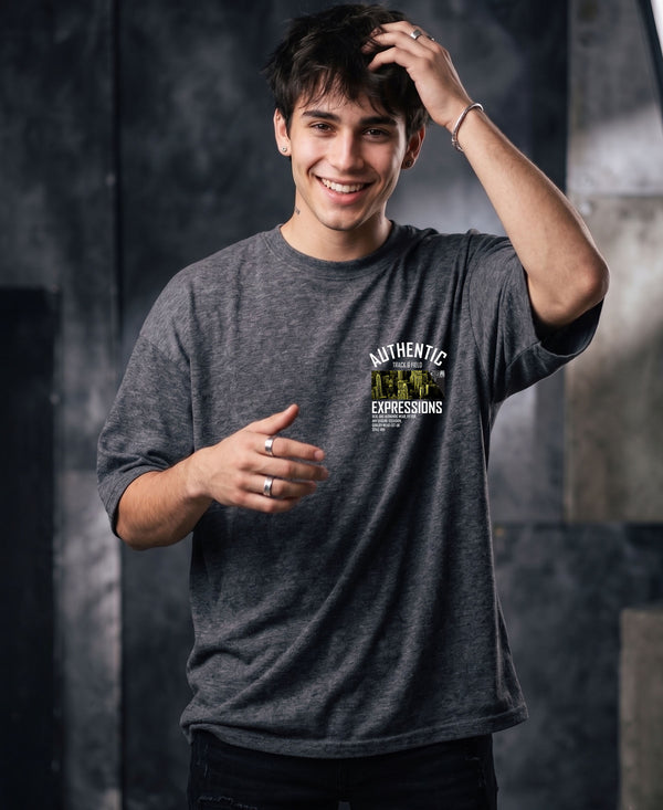 T.T. Men OversizedGraaphic Printed T-Shirt Anthra Melange