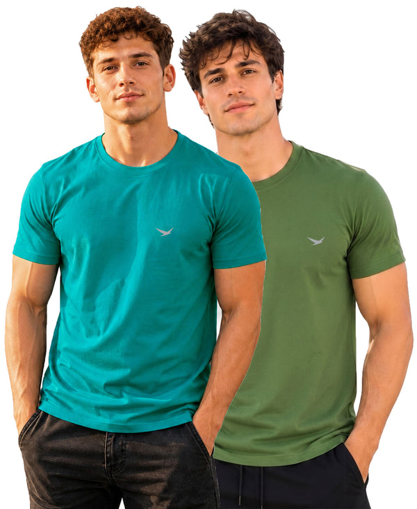 Hiflyers Men Regular Fit Cotton Round Neck T-Shirt |Pack Of 2|Teal Blue,Olive