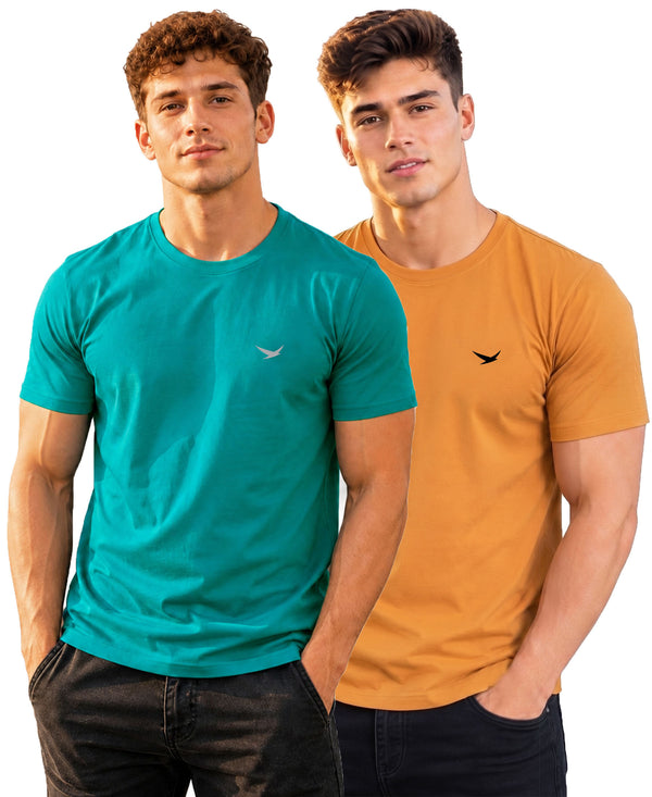 Hiflyers Men Regular Fit Cotton Round Neck T-Shirt |Pack Of 2|Teal Blue,Mustard