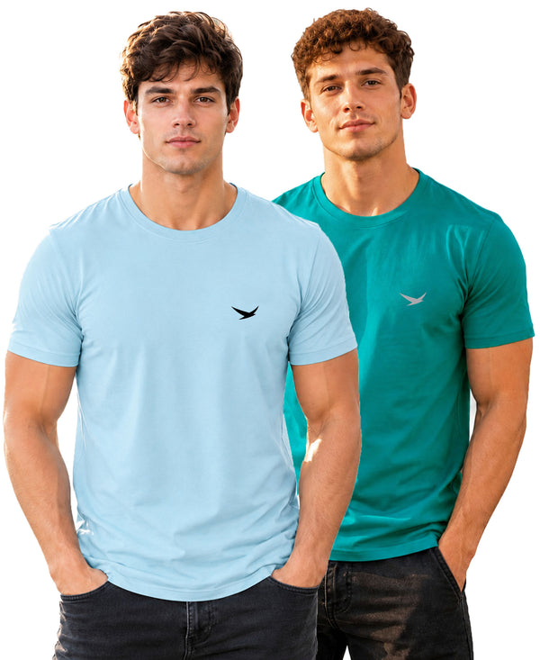 Hiflyers Men Regular Fit Cotton Round Neck T-Shirt |Pack Of 2|Light Blue,Teal Blue